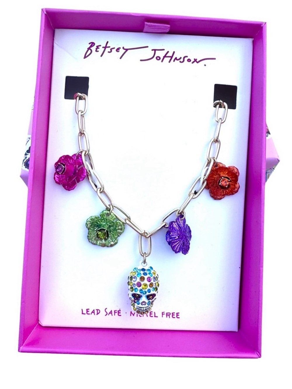 Betsey Johnson Multicolor Flower & Skull Charm Necklace - Silver Chain